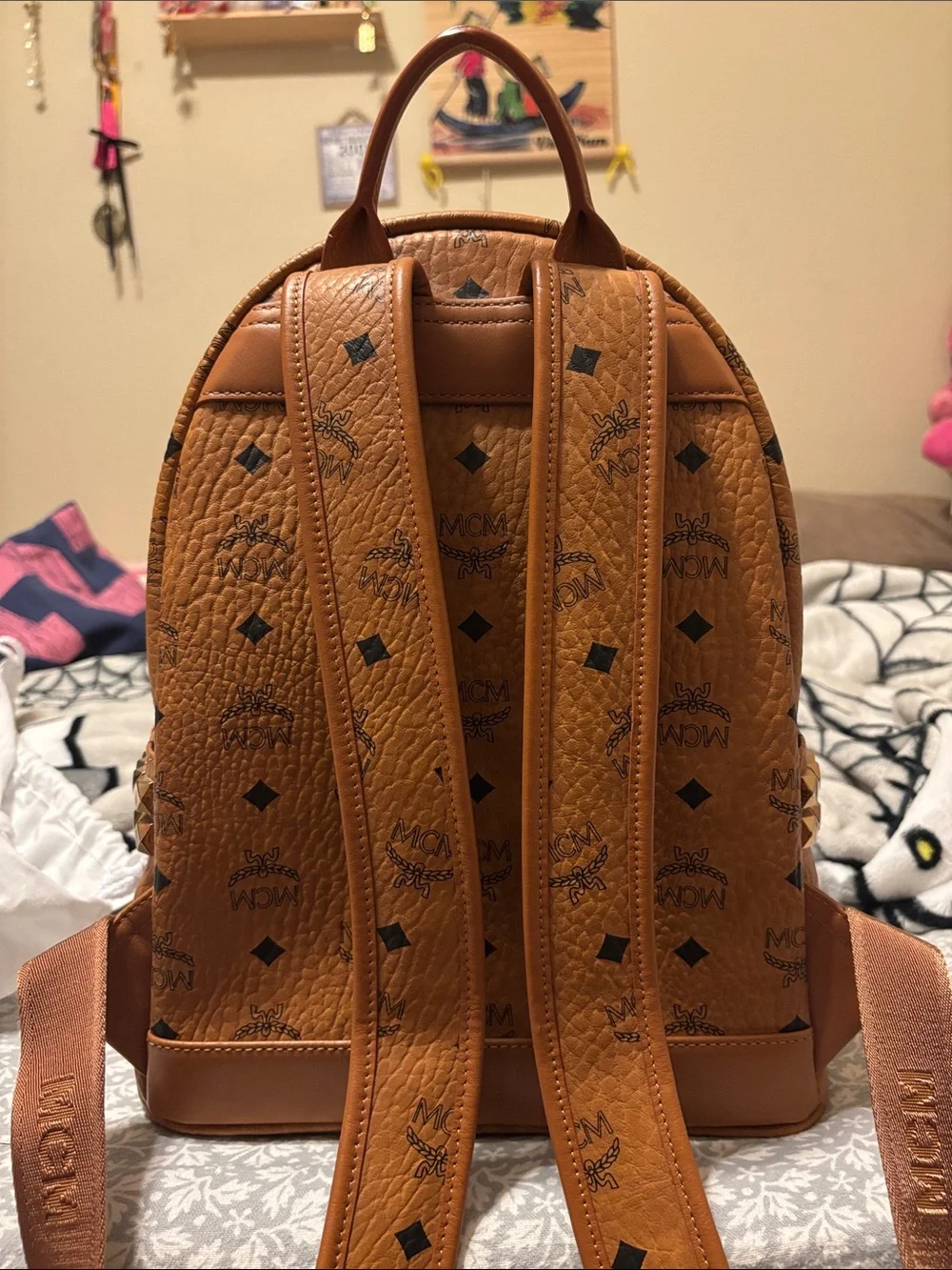 Authentic MCM Stark Side Studs Backpack Cognac Visetos Brown Medium - Pristine